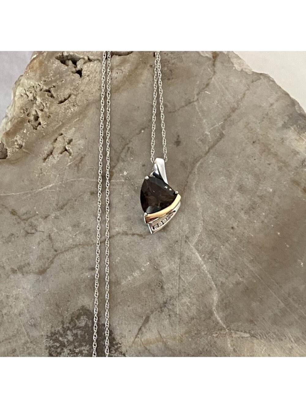 Sterling Silver 925 14K Gold Trillion Cut Smoky Quartz Diamond Pendant Necklace